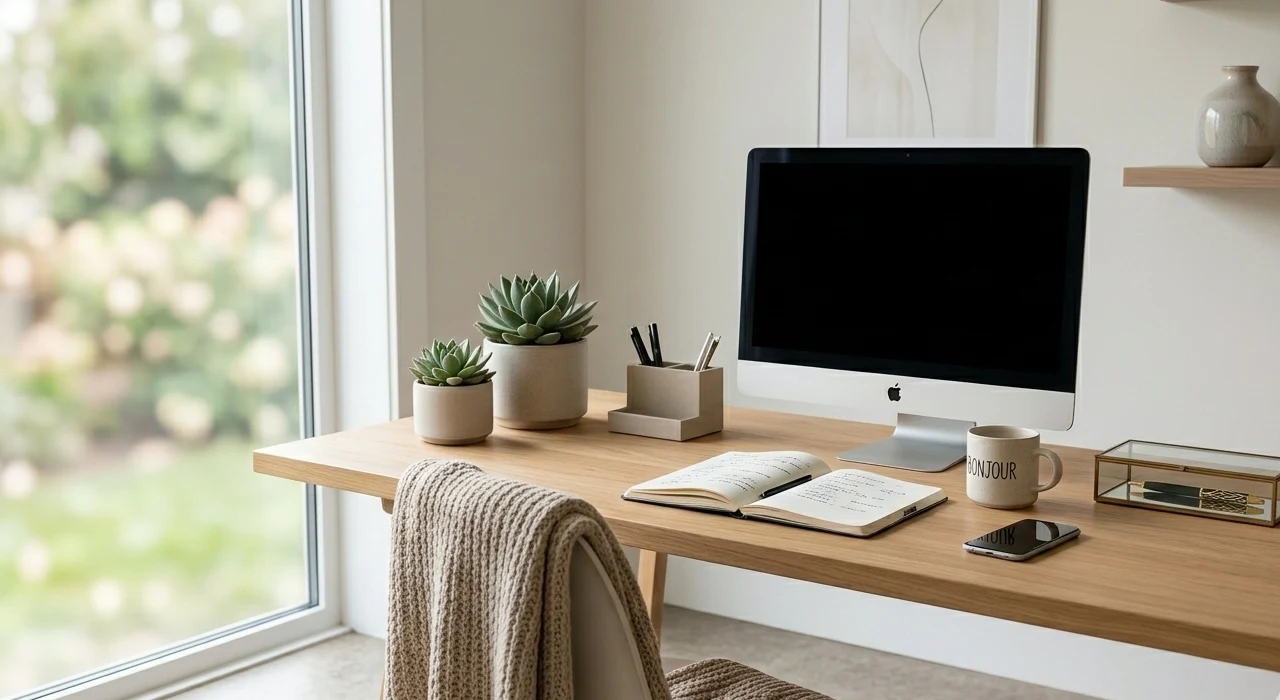 Minimalist home office desk setup – Contact SecretsTribe