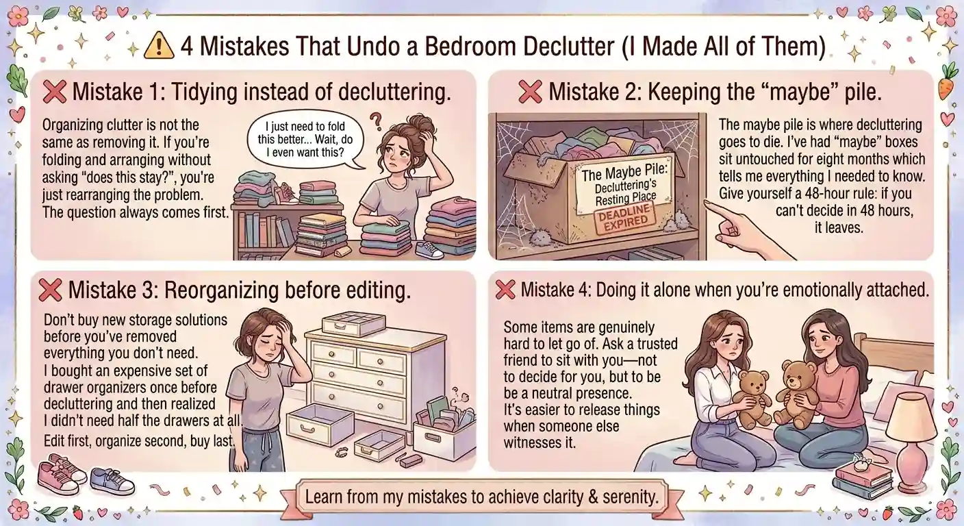 4 mistakes that undo a bedroom declutter — tidying instead of decluttering, maybe pile, reorganizing before editing, doing it alone