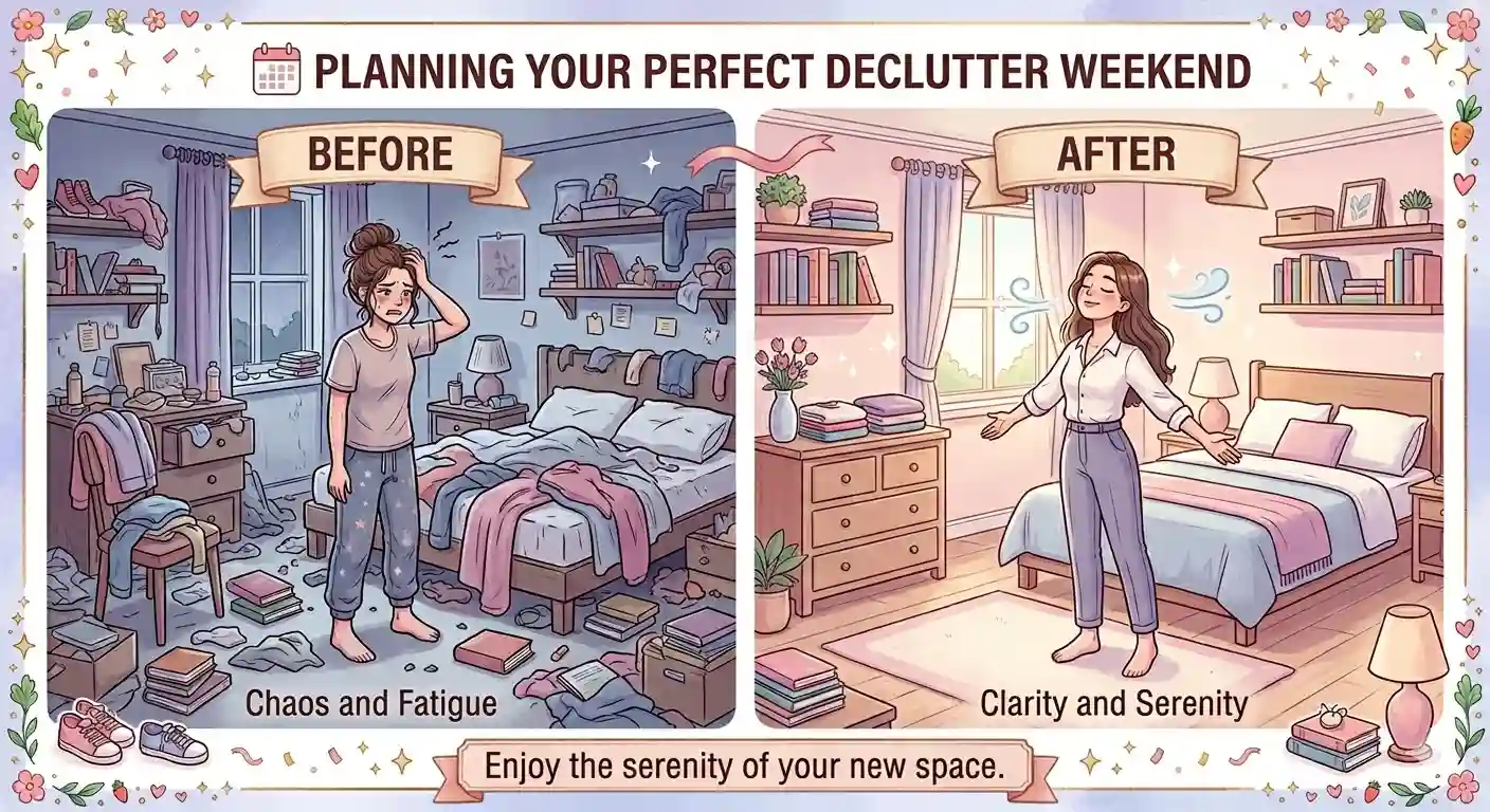 How to declutter your bedroom in one weekend — before and after illustration showing chaos versus calm clutter-free space
