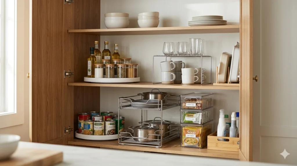 Organized kitchen cabinet with deep shelves showing lazy susan, pull-out organizer, and shelf riser