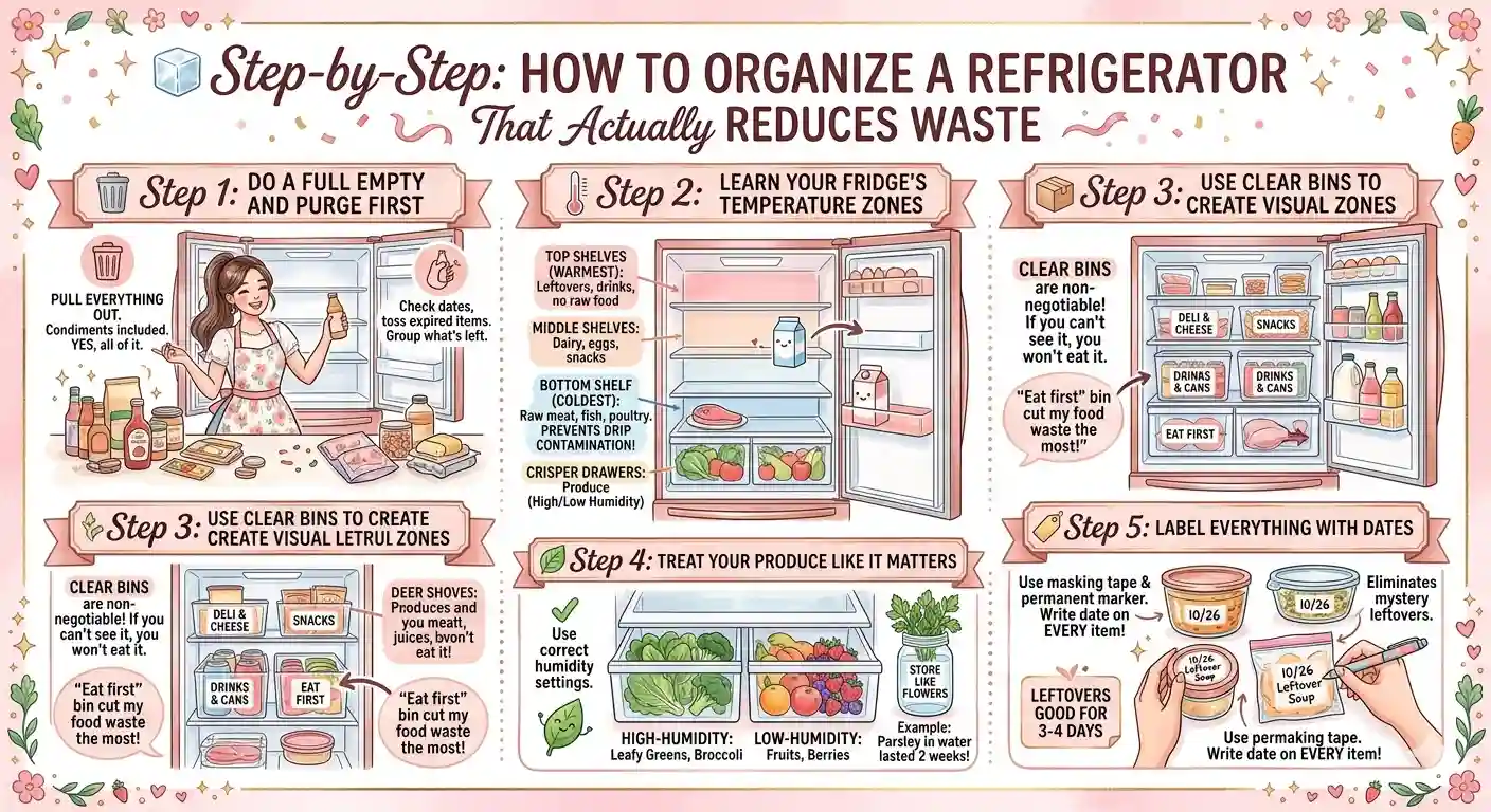 How to organize a refrigerator to reduce waste — 5 steps: purge, temperature zones, clear bins, produce storage and date labels
