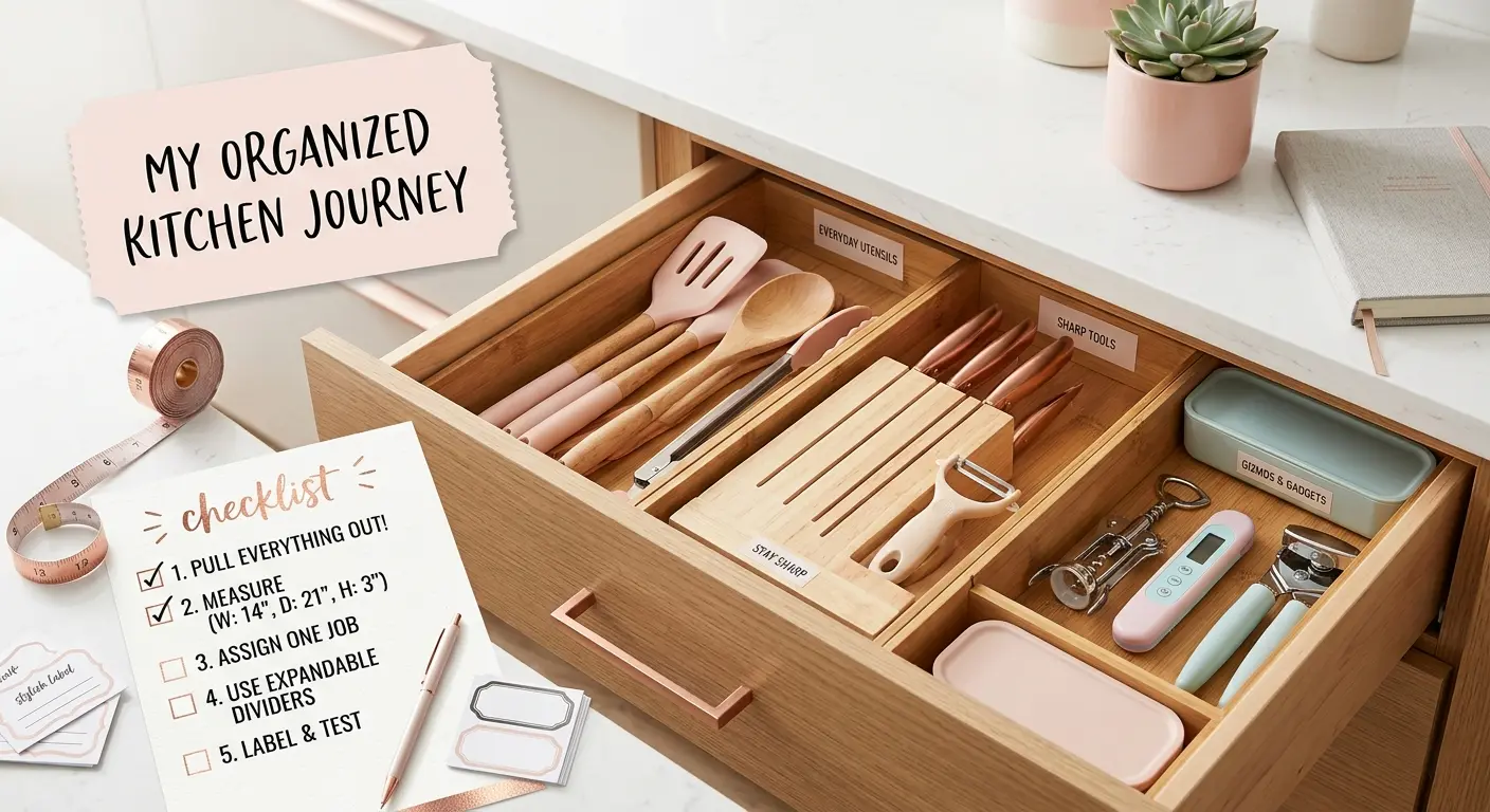 Kitchen drawer organization ideas step-by-step — labeled zones for utensils, sharp tools and gadgets with expandable bamboo dividers