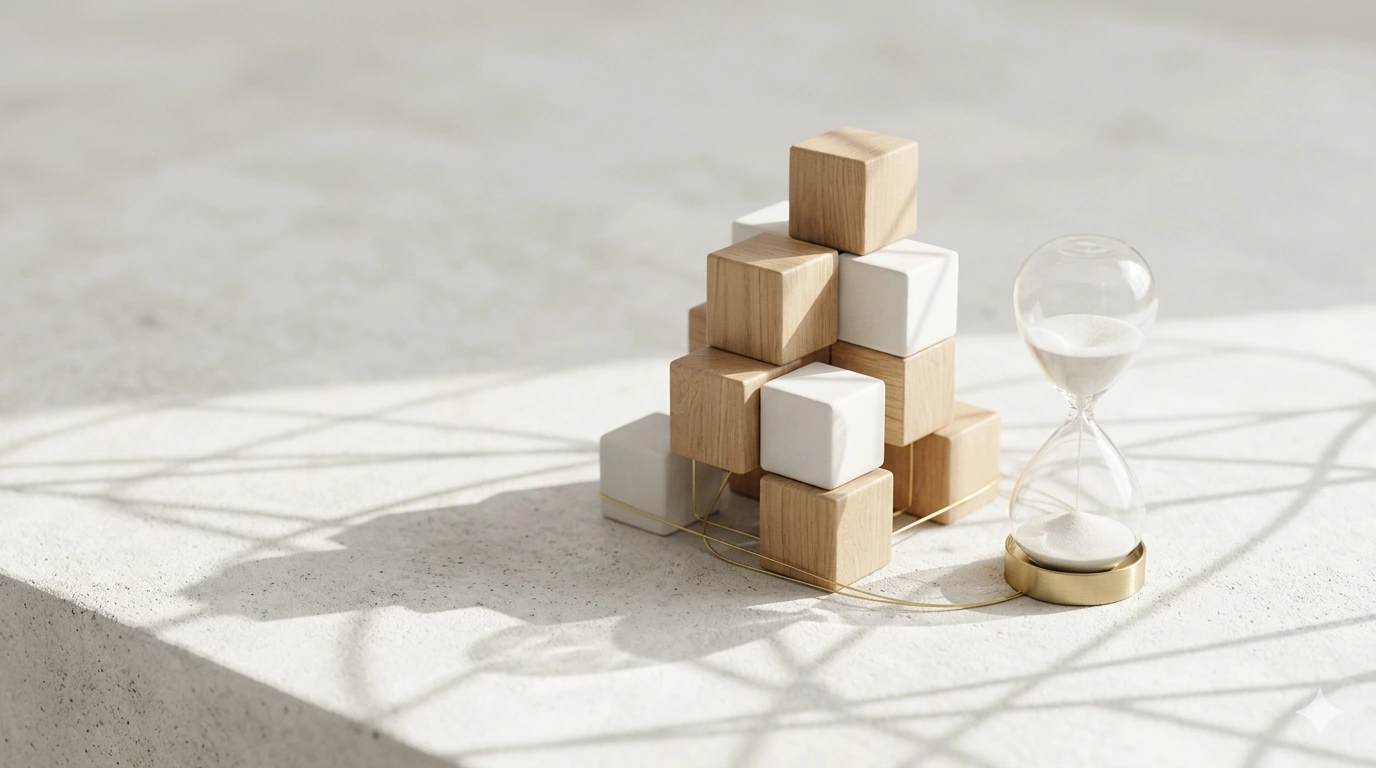 Minimalist wooden blocks and hourglass representing home organization and time management