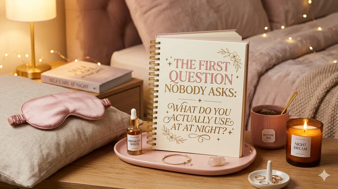 Nightstand organization audit — sleep mask, serum, candle, tea and jewelry tray showing what you actually use at night