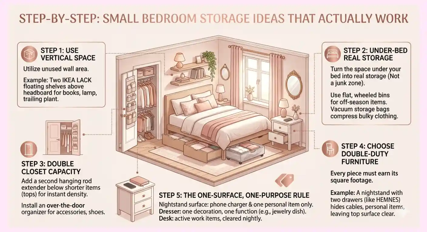 Small bedroom storage ideas step-by-step — vertical space, under-bed storage, double closet capacity, double-duty furniture and one-surface rule