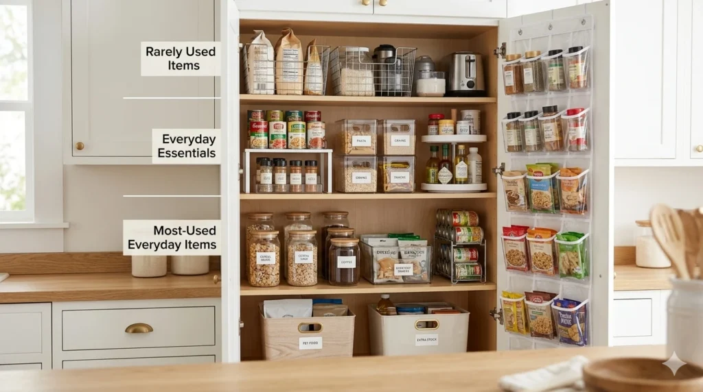Fully organized pantry cabinet with labeled zones for rarely used items, everyday essentials, and most-used items