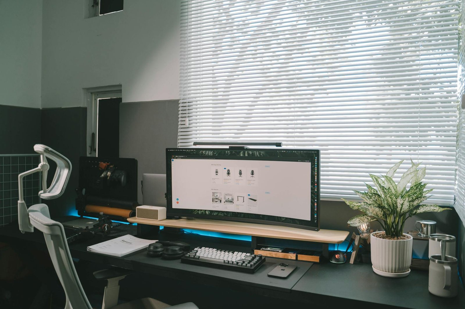 Home office with distinct functional zones for different work activities