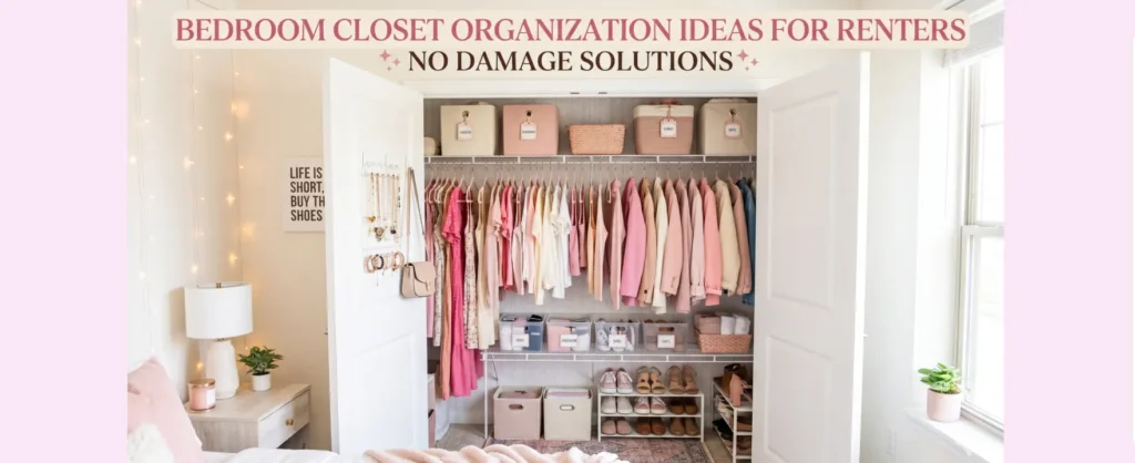 Organized rental bedroom closet with damage-free storage solutions