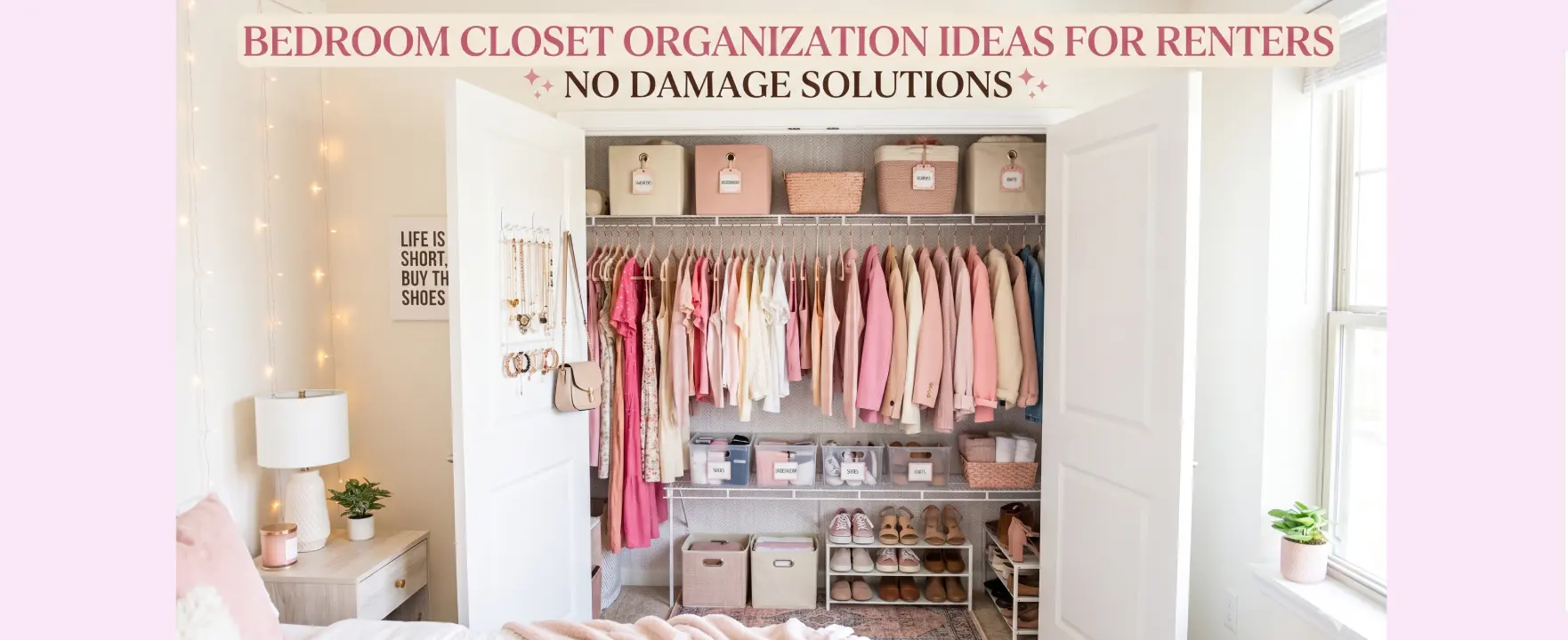 Organized rental bedroom closet with damage-free storage solutions
