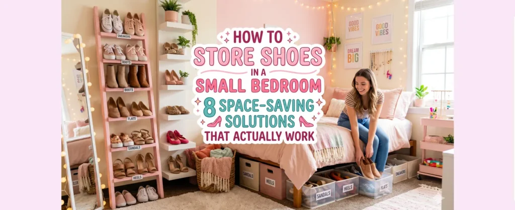 Small bedroom with multiple shoe storage solutions including under-bed boxes and door organizers