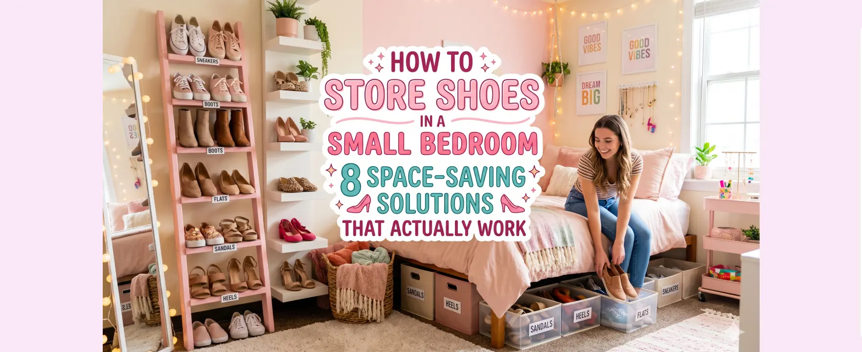 Small bedroom with multiple shoe storage solutions including under-bed boxes and door organizers