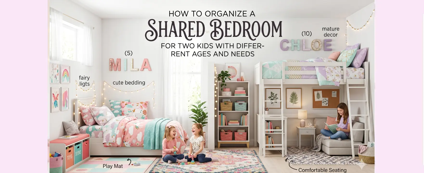 Organized shared kids bedroom with distinct zones for different ages