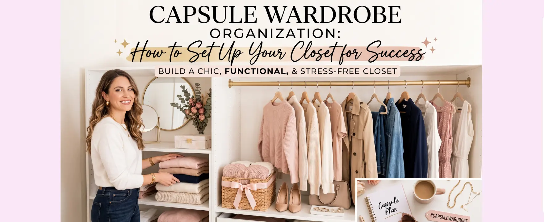 Organized capsule wardrobe closet with coordinated neutral clothing