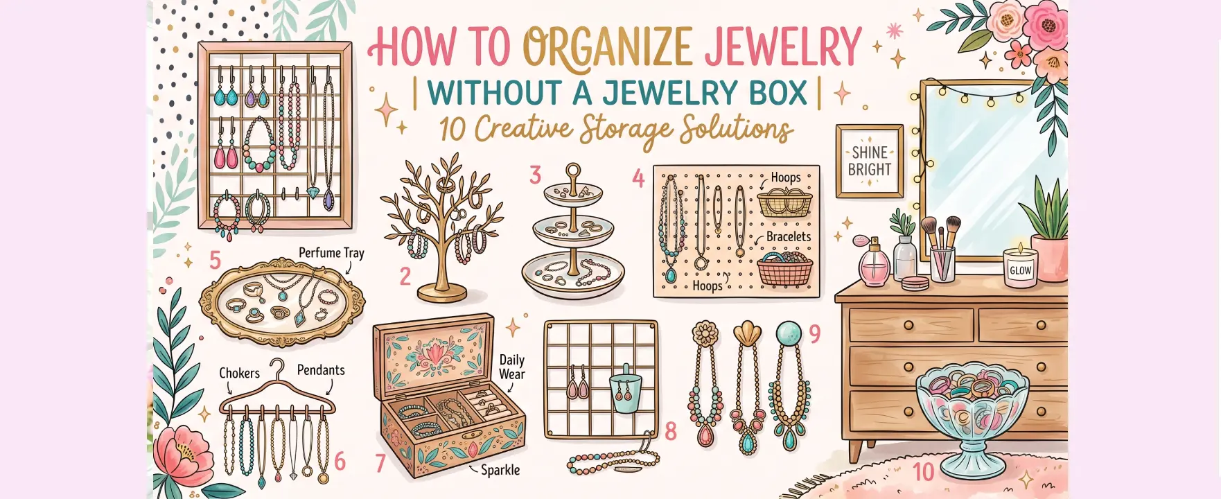 Creative jewelry organization solutions on a dresser without a jewelry box