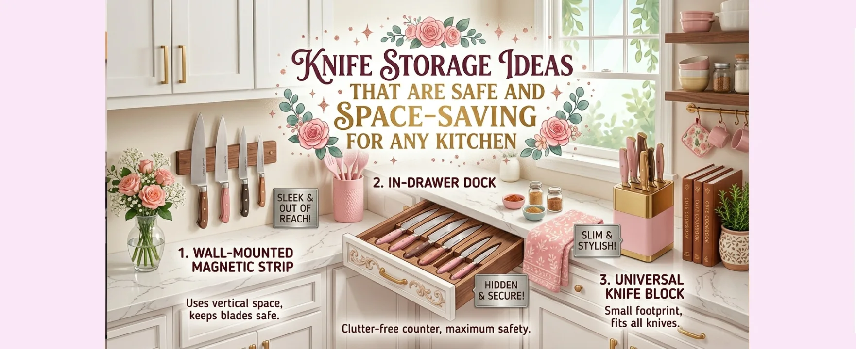 Various knife storage solutions in bright modern kitchen