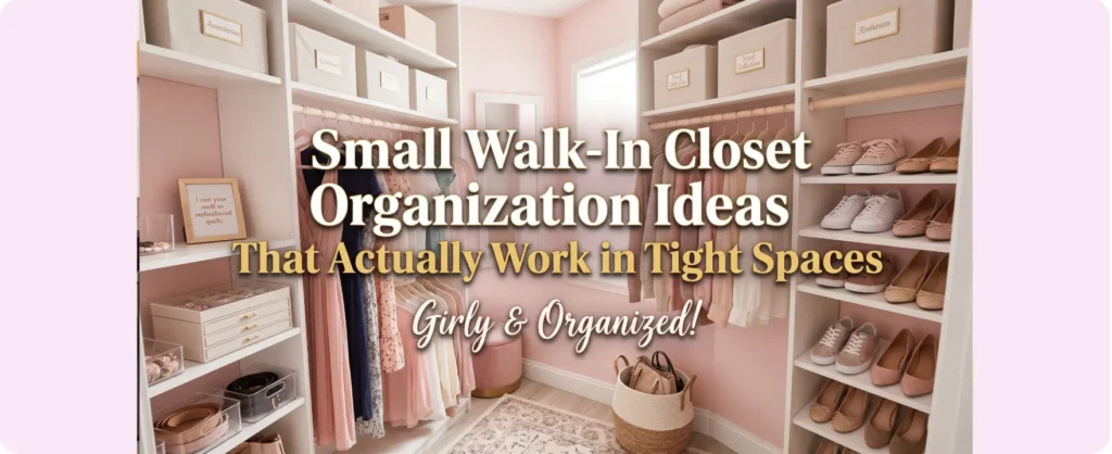 Small organized walk-in closet with double hanging rods and storage solutions
