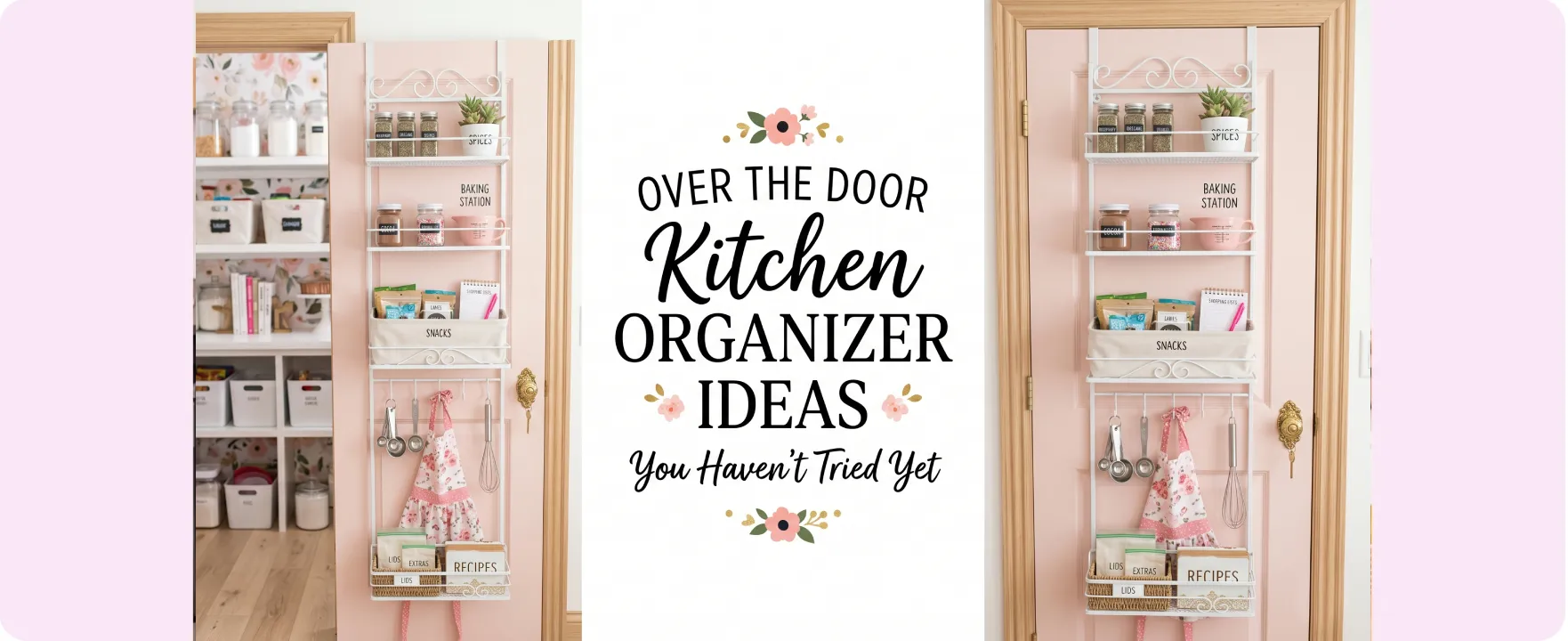 Over-the-door kitchen organizers showing creative storage solutions on cabinet and pantry doors