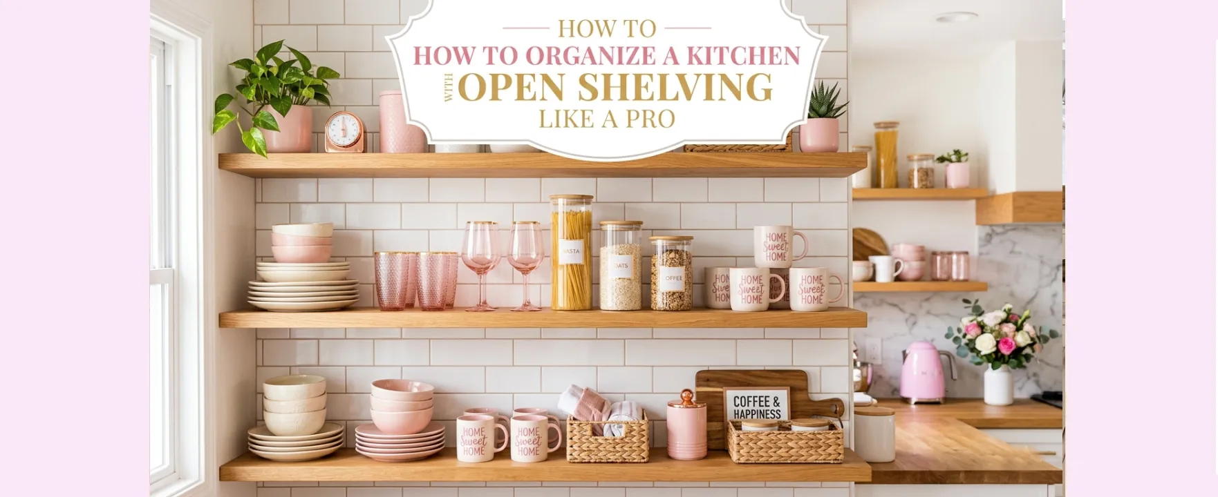 Organized kitchen open shelving with dishes and containers