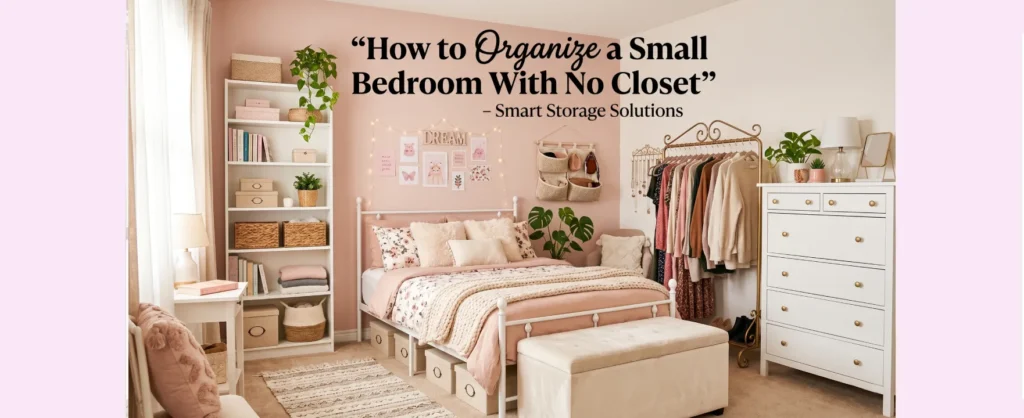 Organized small bedroom with no closet showing various storage solutions