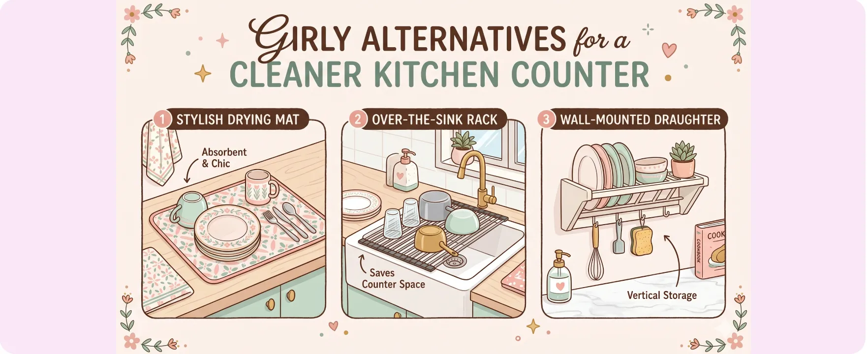 Clean organized kitchen counter without traditional dish drying rack