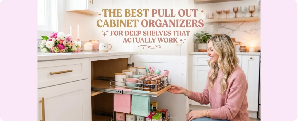Pull out cabinet organizers in deep kitchen shelves showing easy access to stored items