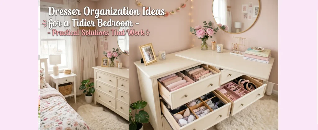 Organized bedroom dresser with open drawers showing neatly folded clothes in compartments
