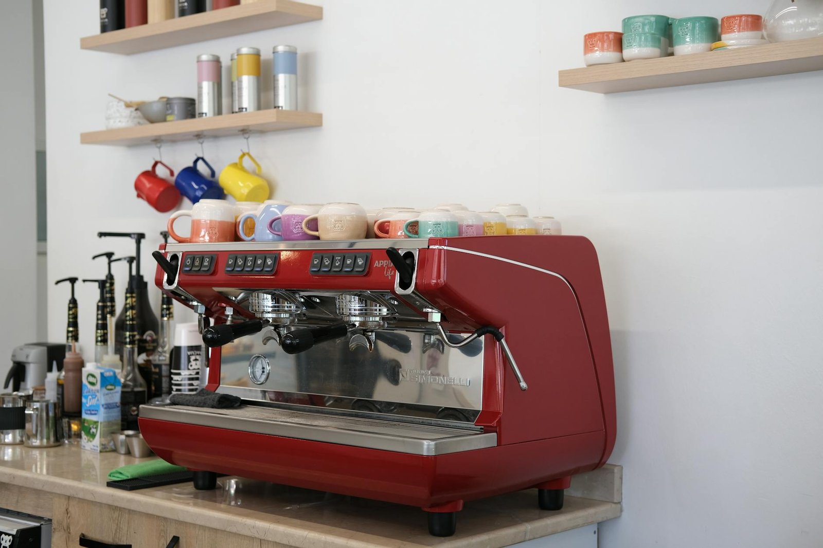 Vertical Coffee Station Storage Vertical storage solution for coffee station with floating shelves and organized supplies