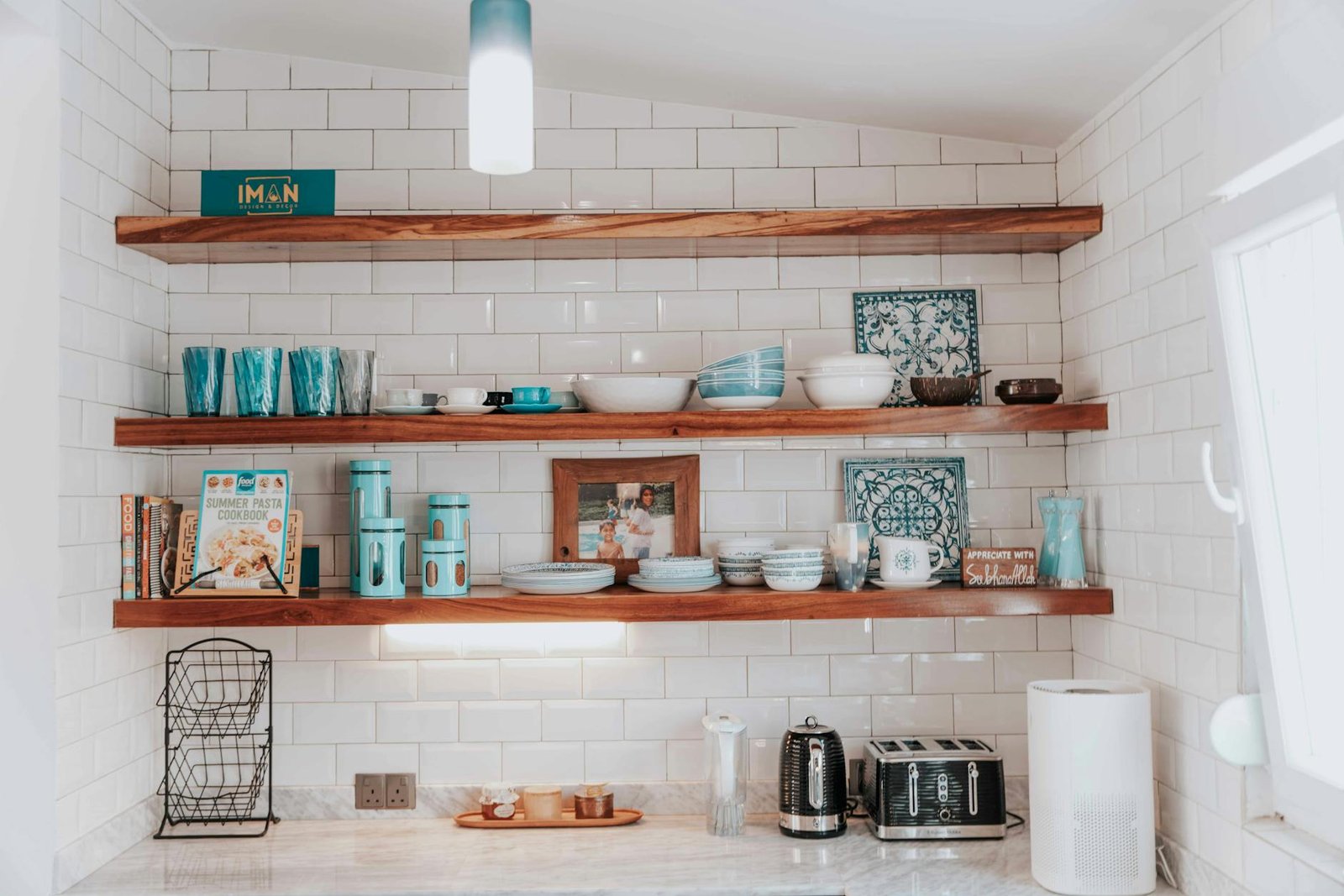Kitchen open shelving with proper spacing and visual balance
